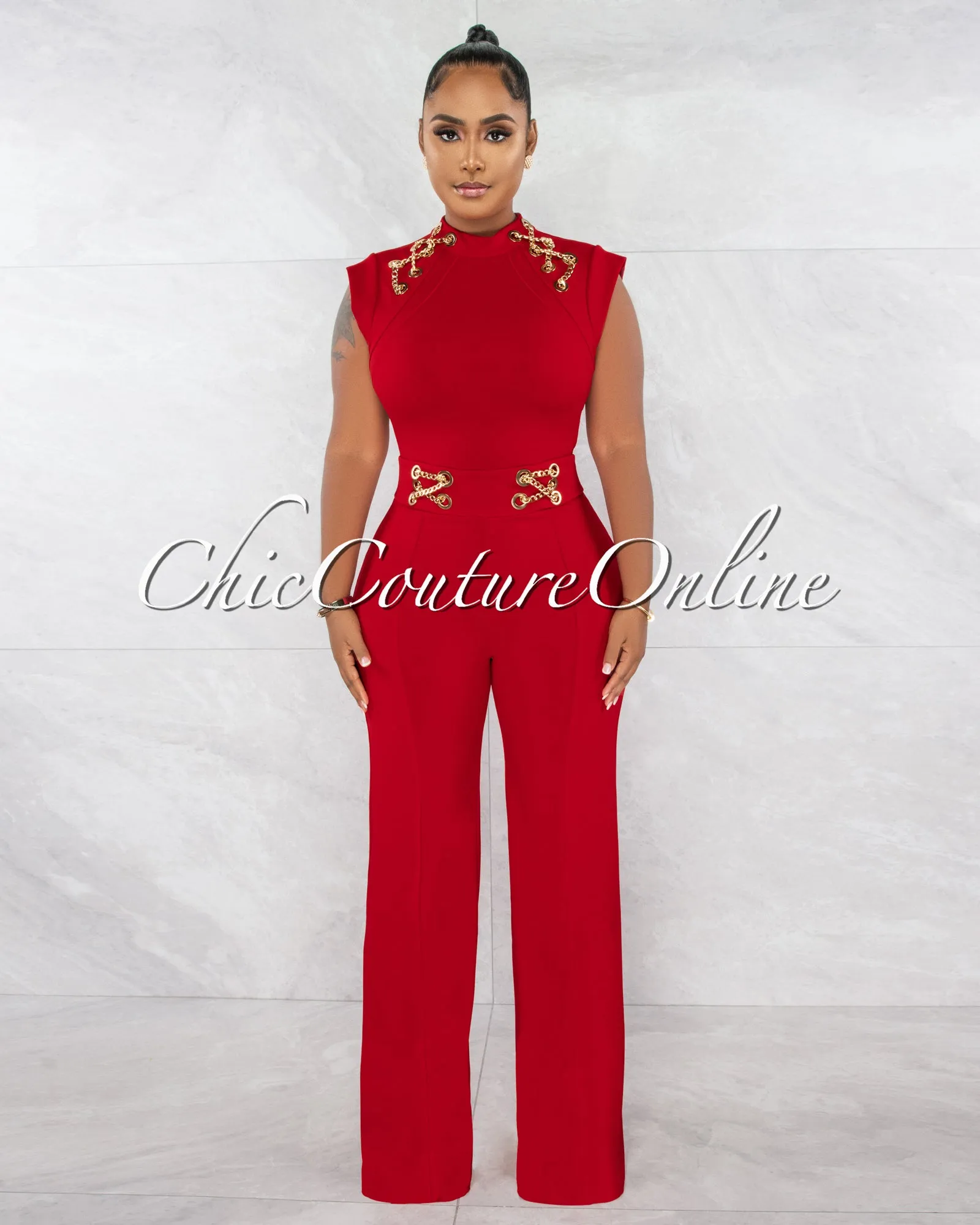 Jazelle Red Gold Link Lace-Up Jumpsuit sold by Chic Couture product image thumbnail 3