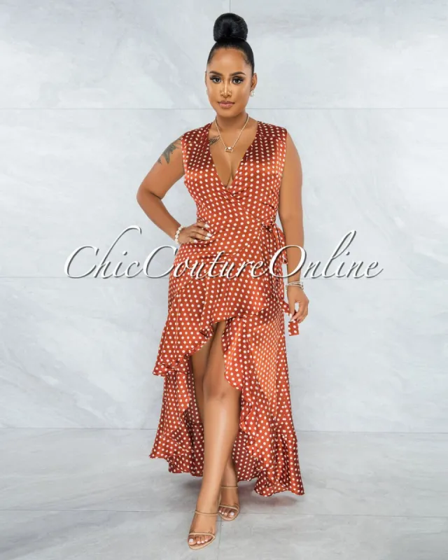 *Delecia Rust White Polka Dots Wrap Ruffle Dress sold by chic