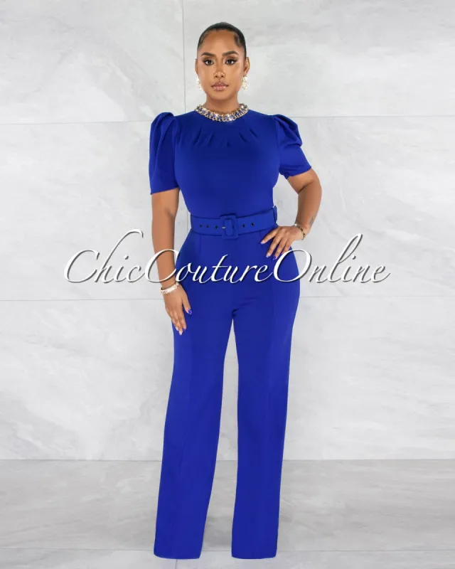 Fishel Blue Gold Link Neckline Vegan Leather Belt Jumpsuit sold by chic