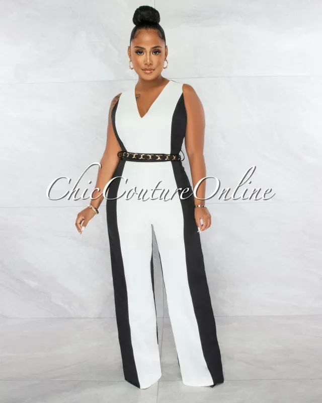 *Loreana Black White Two-Tone Gold Link Belt Luxe Jumpsuit sold by Chic Couture