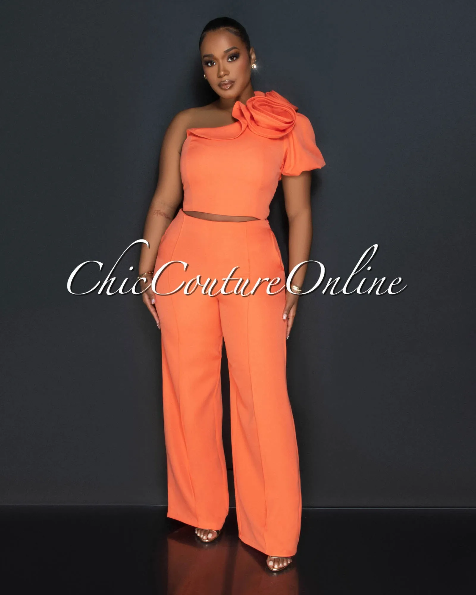 Elysa Orange Top & Wide Pants Set sold by Chic Couture product image thumbnail 2