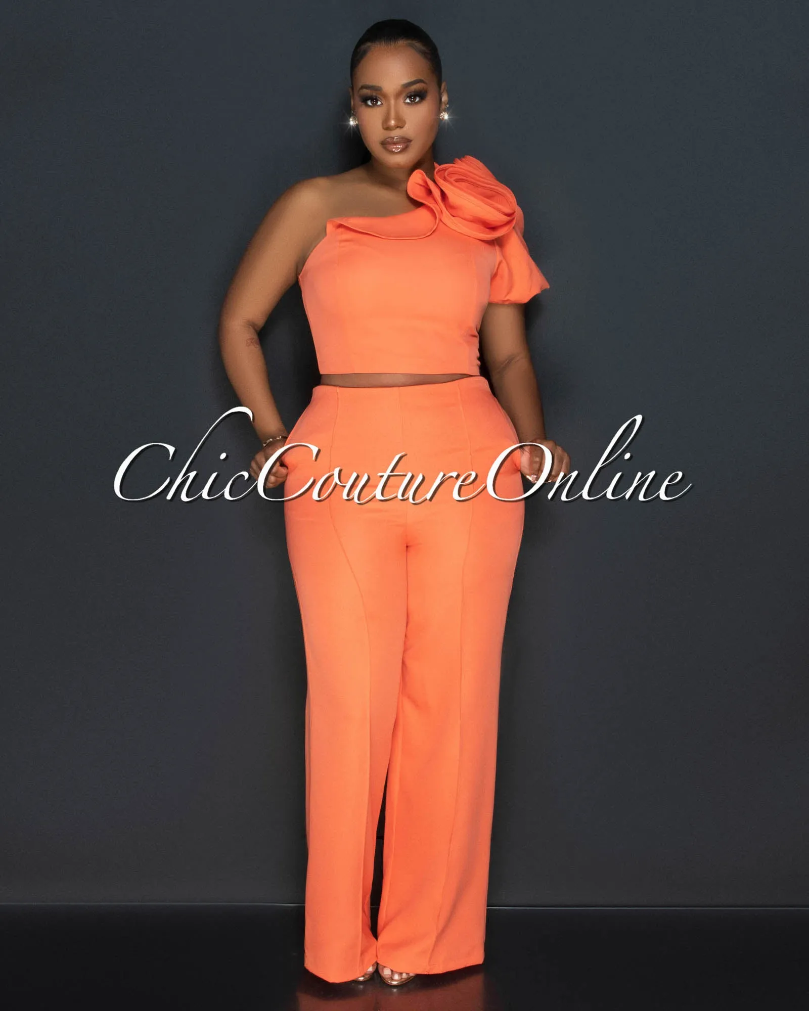 Elysa Orange Top & Wide Pants Set sold by Chic Couture