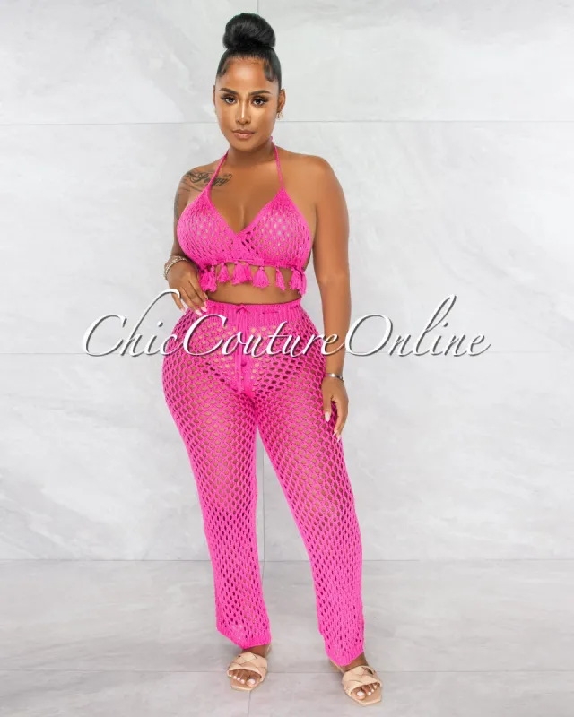 *Tessa Fuchsia Crochet Tassels Top & Pants Cover-Up Set sold by Chic Couture