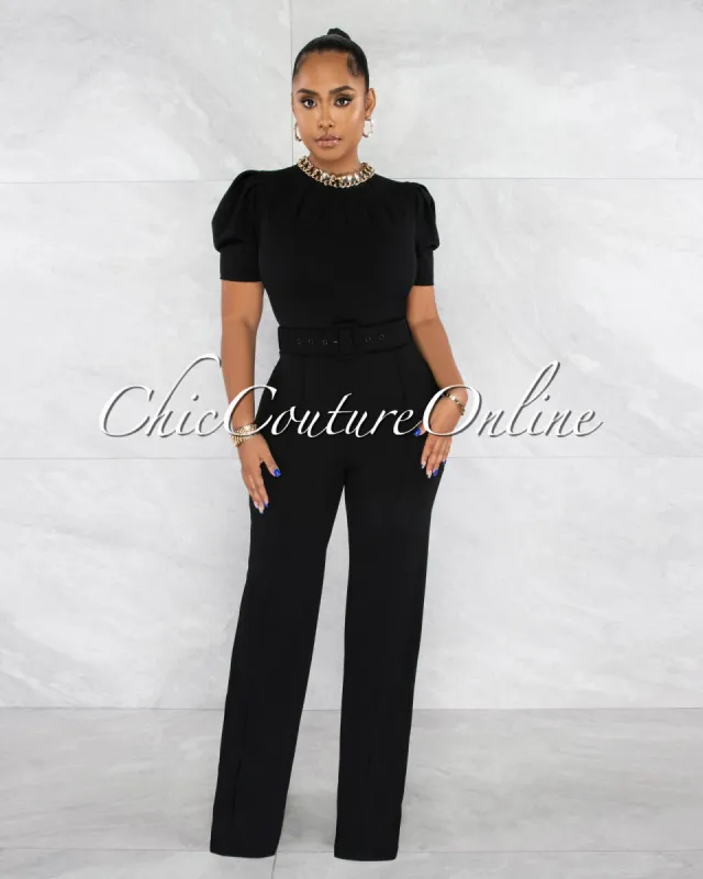 Fishel Black Gold Link Neckline Vegan Leather Belt Jumpsuit sold by Chic Couture