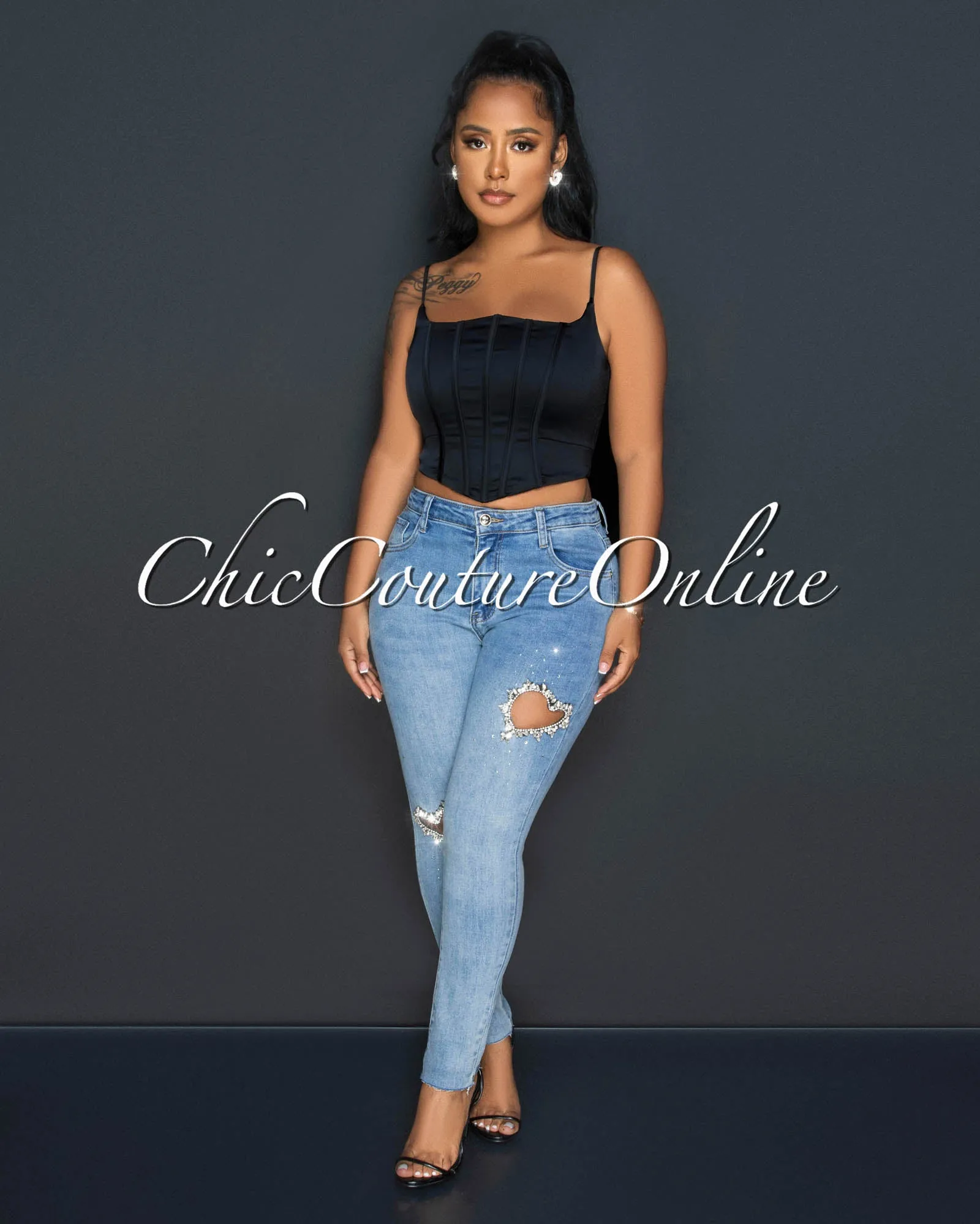 *Melissa Black Back Lace-Up Corset Crop Silky Top sold by Chic Couture product image thumbnail 2