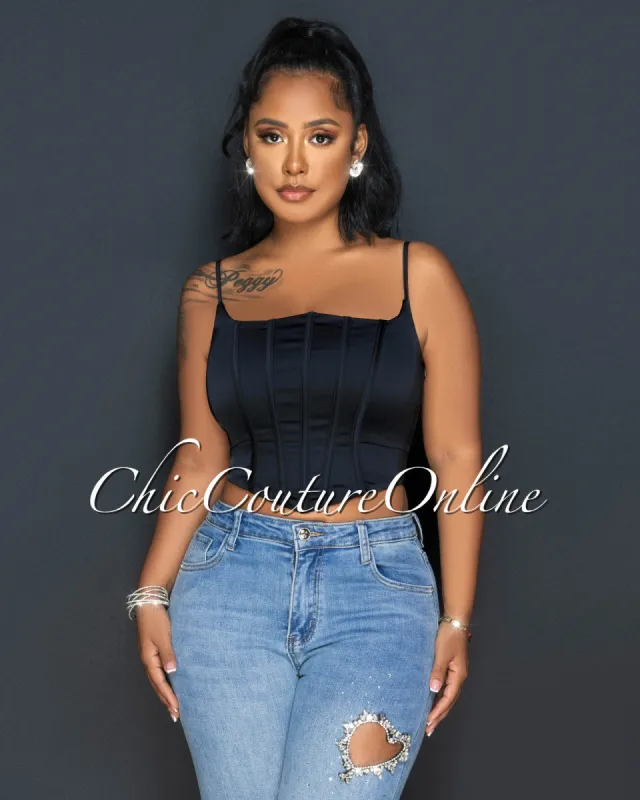 *Melissa Black Back Lace-Up Corset Crop Silky Top sold by Chic Couture