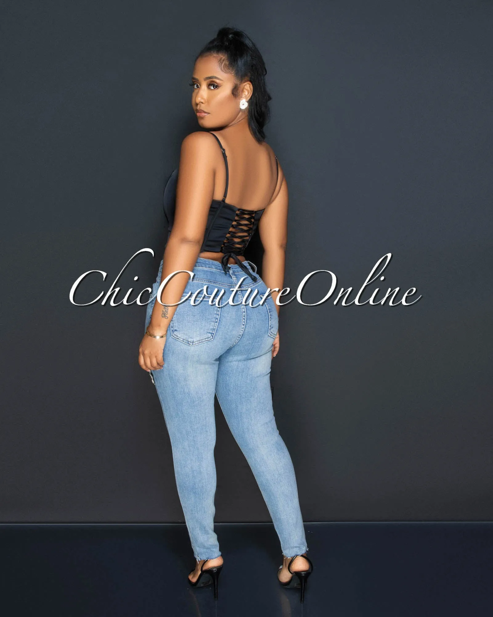 *Melissa Black Back Lace-Up Corset Crop Silky Top sold by Chic Couture product image thumbnail 3