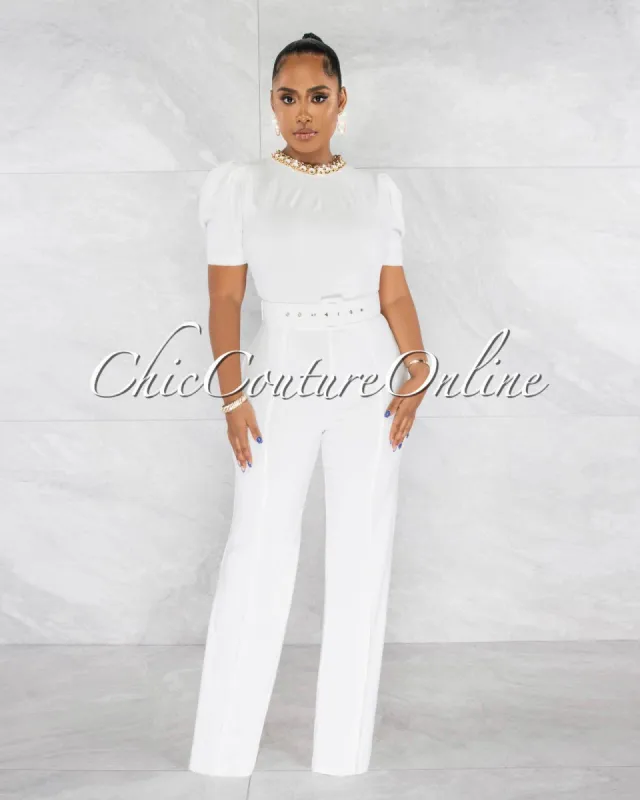 Fishel Off-White Gold Link Neckline Vegan Leather Belt Jumpsuit sold by Chic Couture