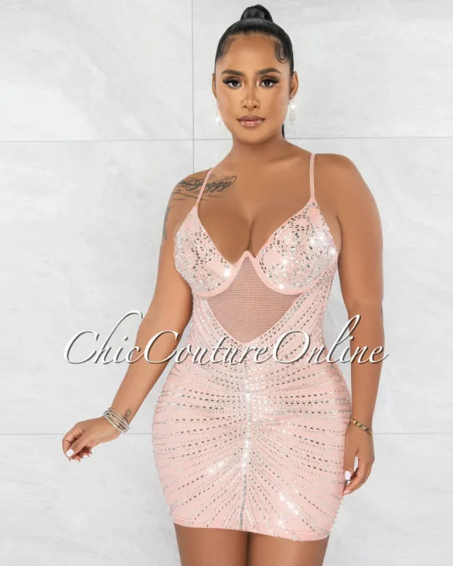 *Jennika Light Pink Mesh Sheer Rhinestones Mini Dress sold by Chic Couture