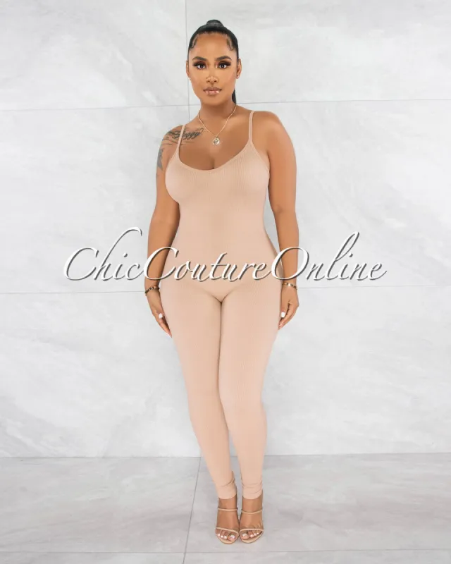 Petal Nude Ribbed BodyCon Jumpsuit sold by Chic Couture