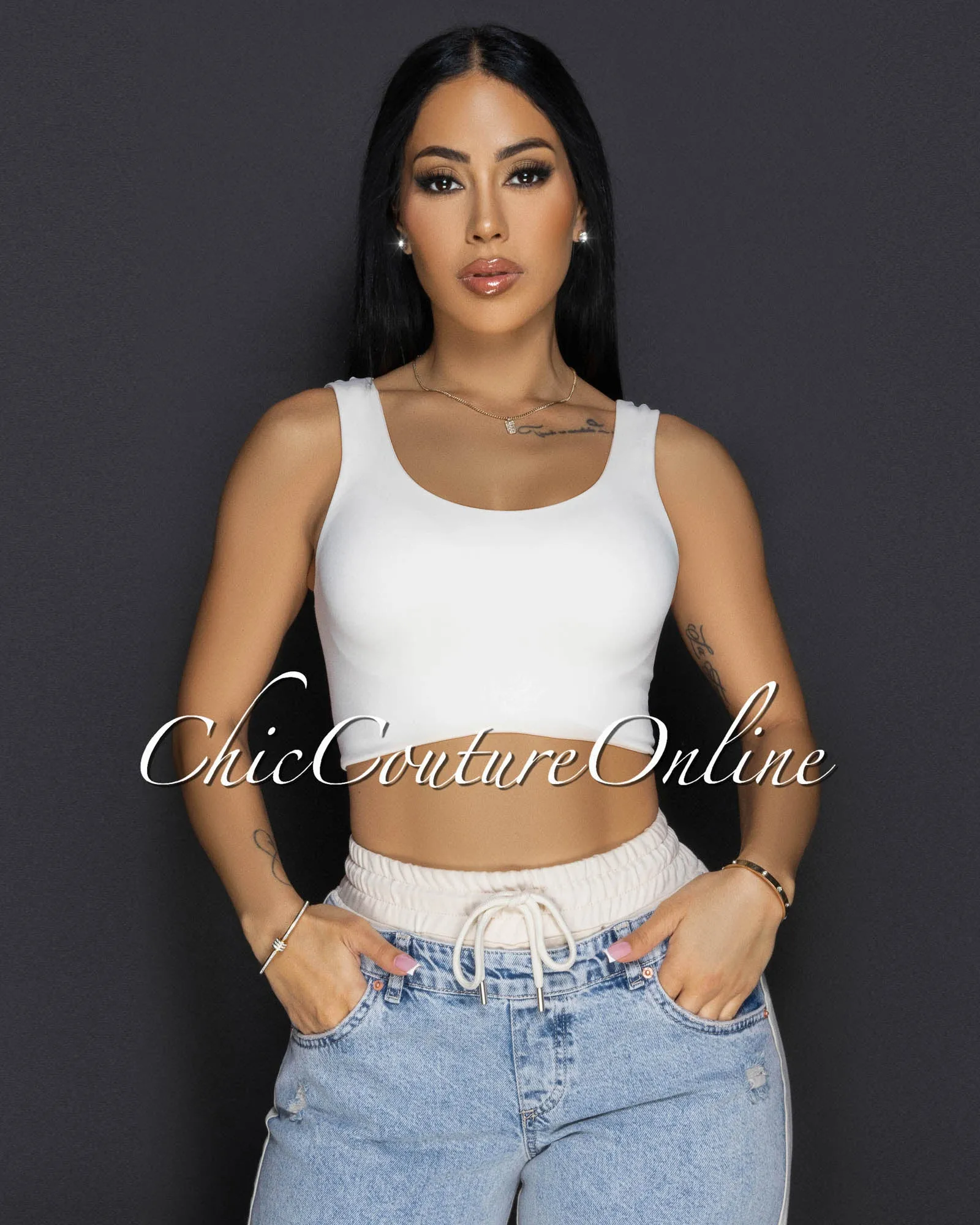 Halima Beige Sleeveless Crop Top sold by Chic Couture