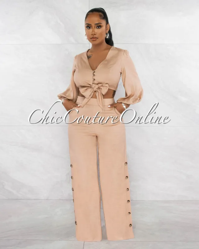 Coleman Nude Self-Tie Crop Top & Wide Pants Linen Set sold by Chic Couture