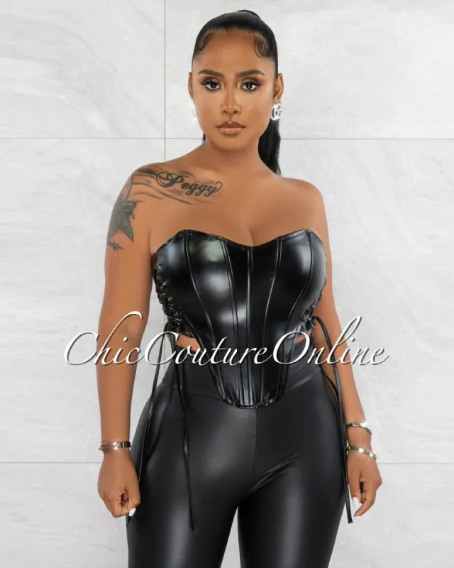 Claria Black Vegan Leather Lace-Up Corset Crop Top sold by chic