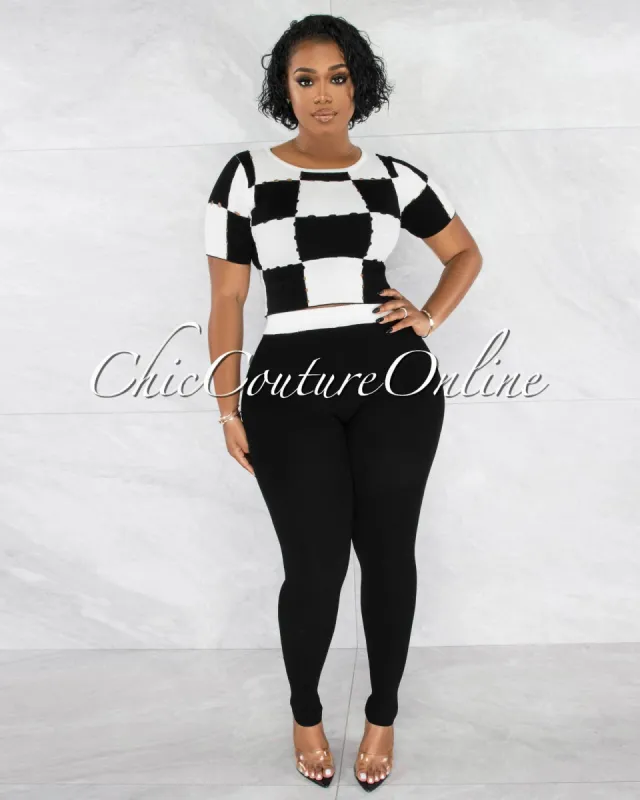 Trinidad Black & White Perforated Crop Top & Leggings Knit Set sold by Chic Couture