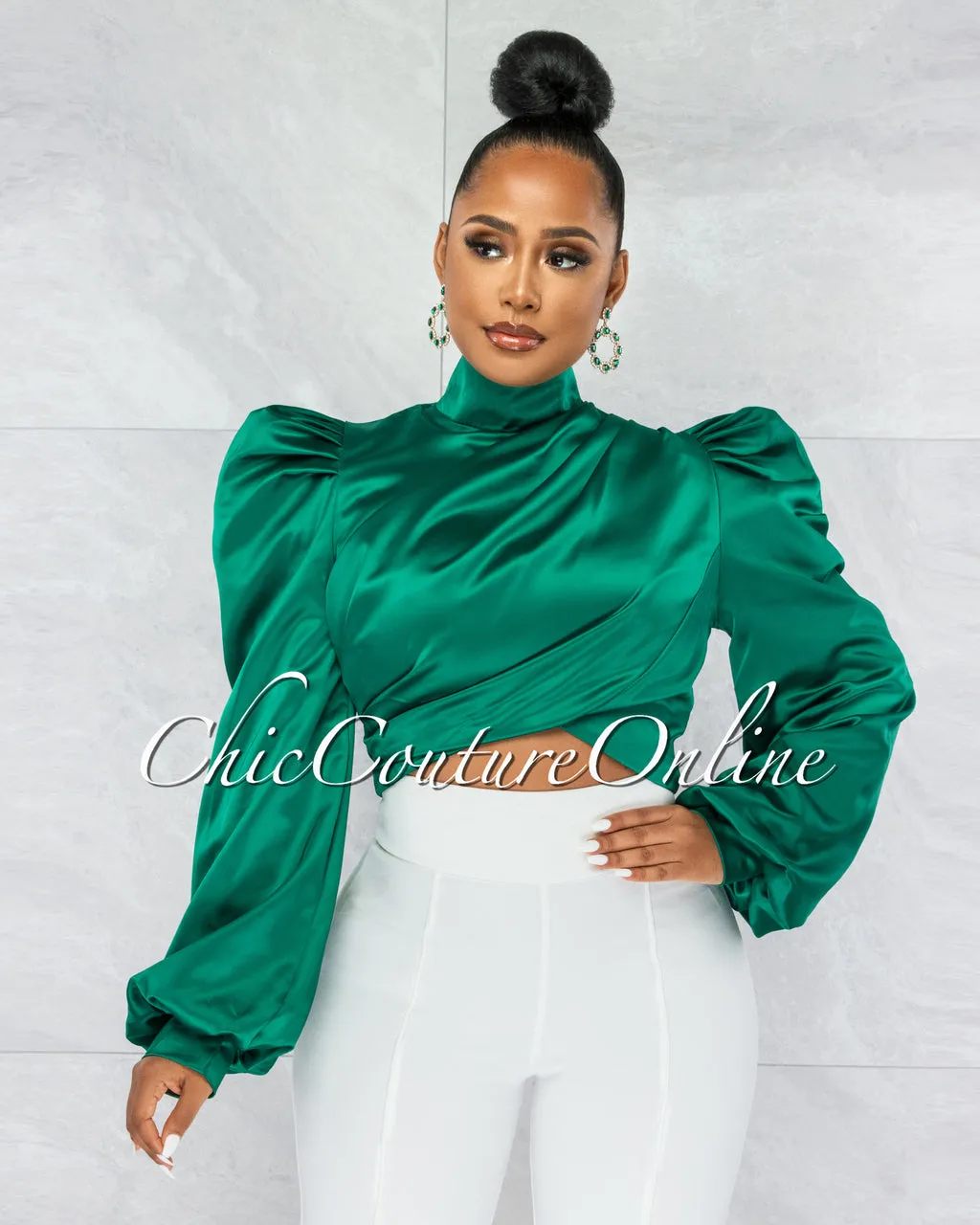 *Karishma Emerald Green Luxe Satin Blouse sold by Chic Couture