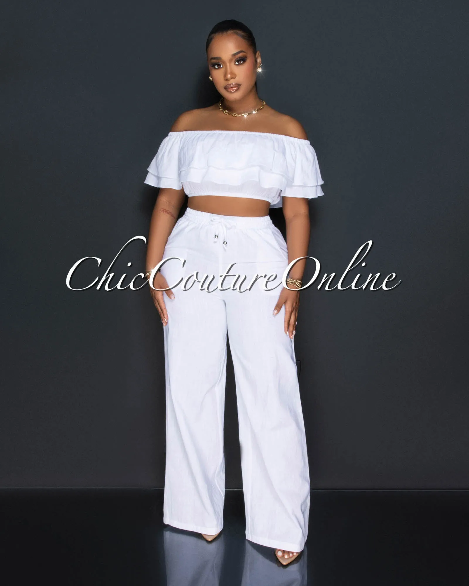 *Yuri White Ruffle Crop Top & Wide Pants Set sold by Chic Couture