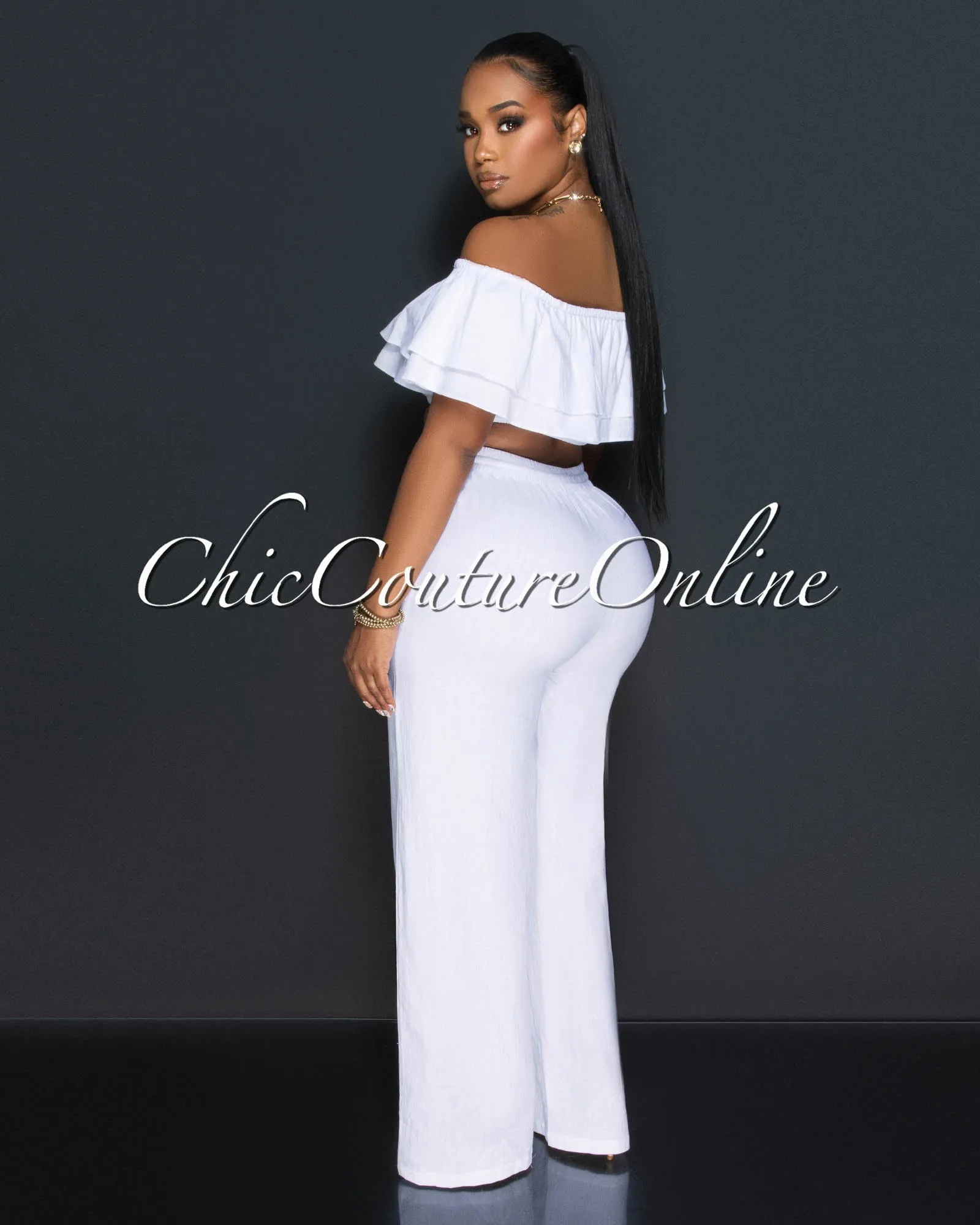 *Yuri White Ruffle Crop Top & Wide Pants Set sold by Chic Couture product image thumbnail 4