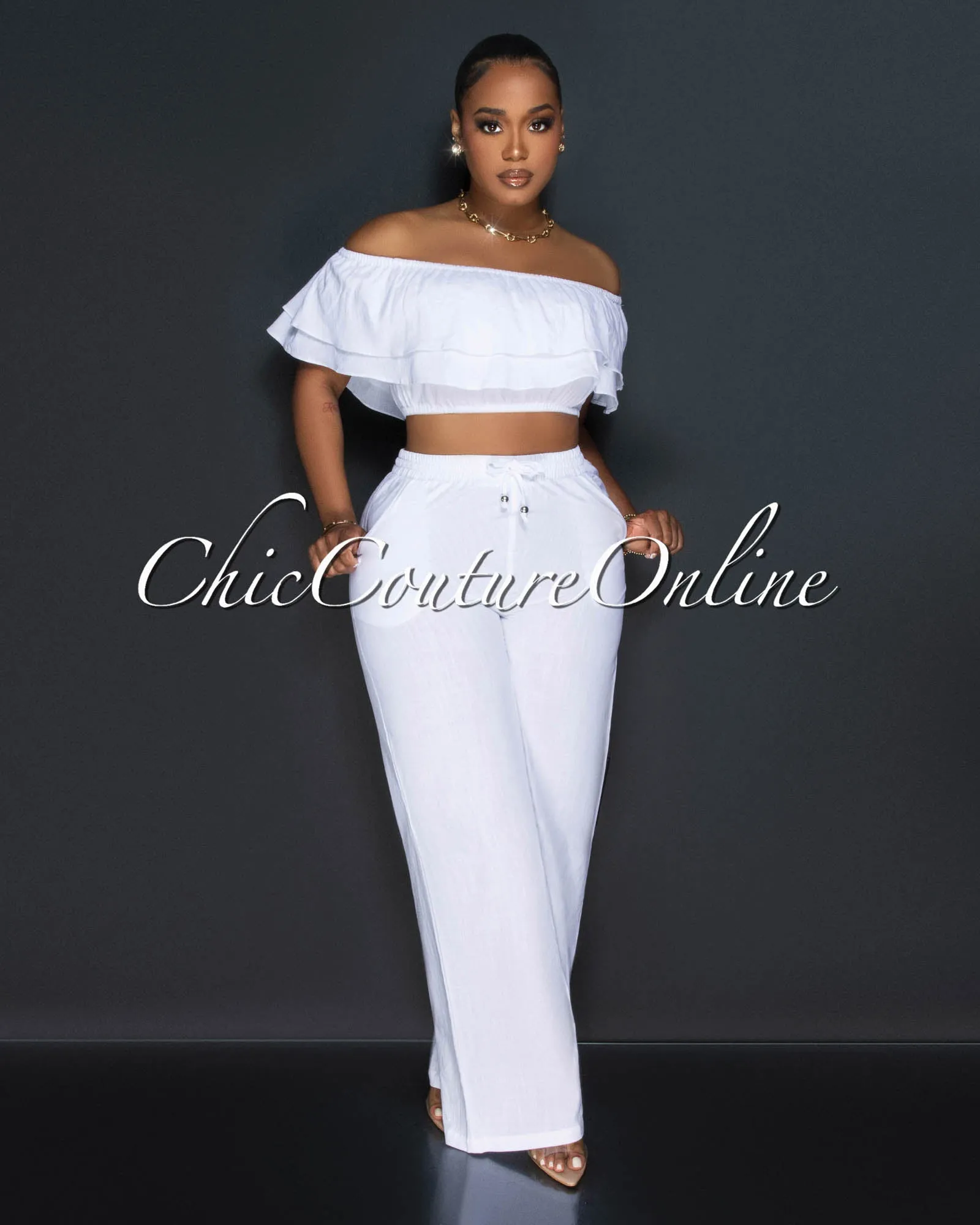 *Yuri White Ruffle Crop Top & Wide Pants Set sold by Chic Couture product image thumbnail 3