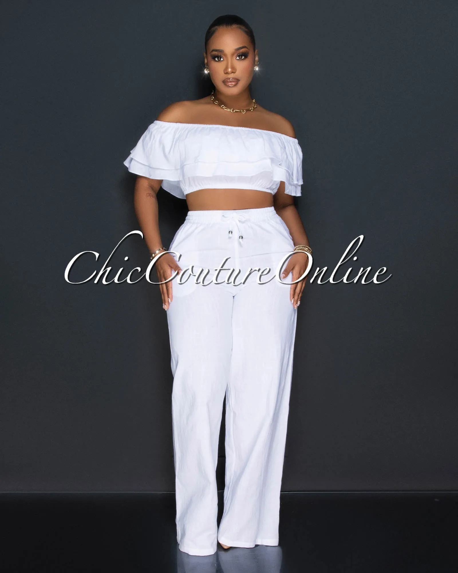 *Yuri White Ruffle Crop Top & Wide Pants Set sold by Chic Couture product image thumbnail 2
