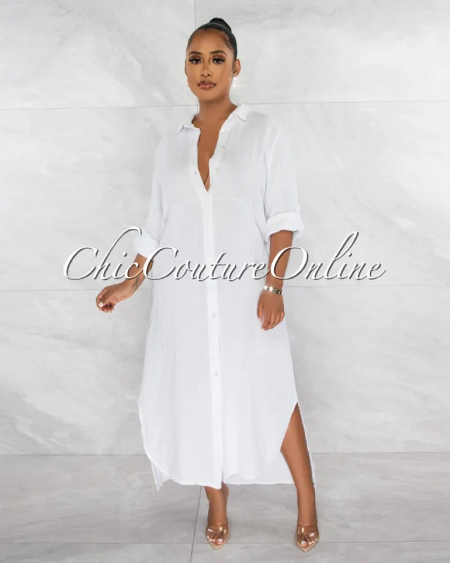 Daleah White Front Buttons LINEN Maxi Dress sold by chic