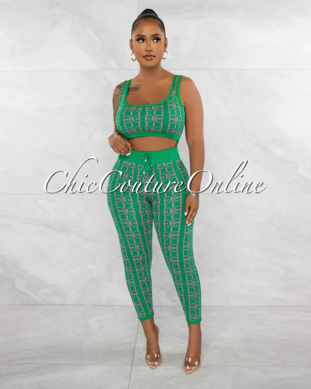 *Celeste Green Pink Fret Print Crop Top & Leggings Knit Set sold by Chic Couture