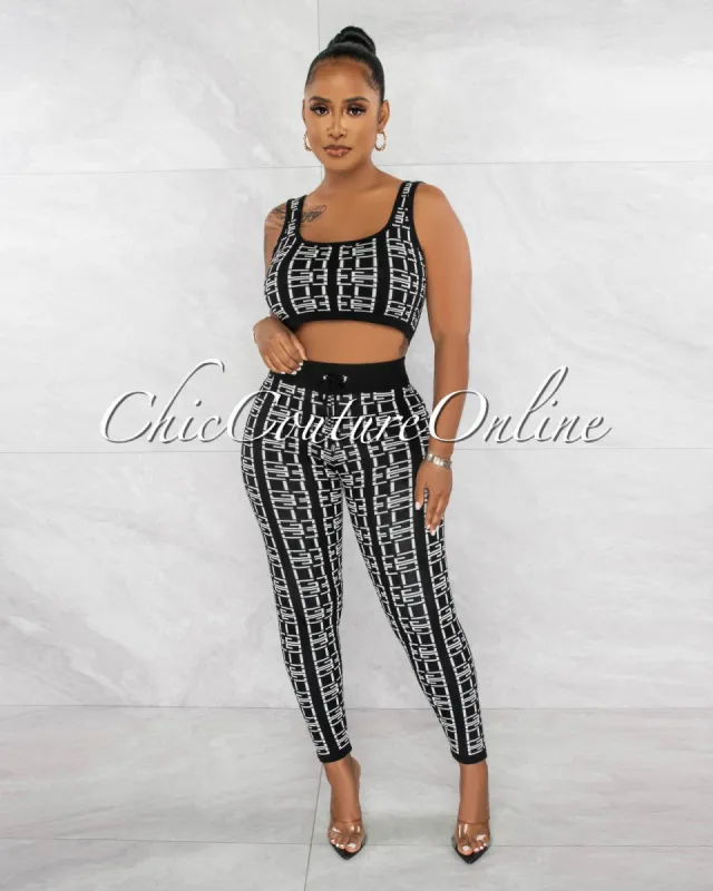 Celeste Black White Fret Print Crop Top & Leggings Knit Set sold by Chic Couture