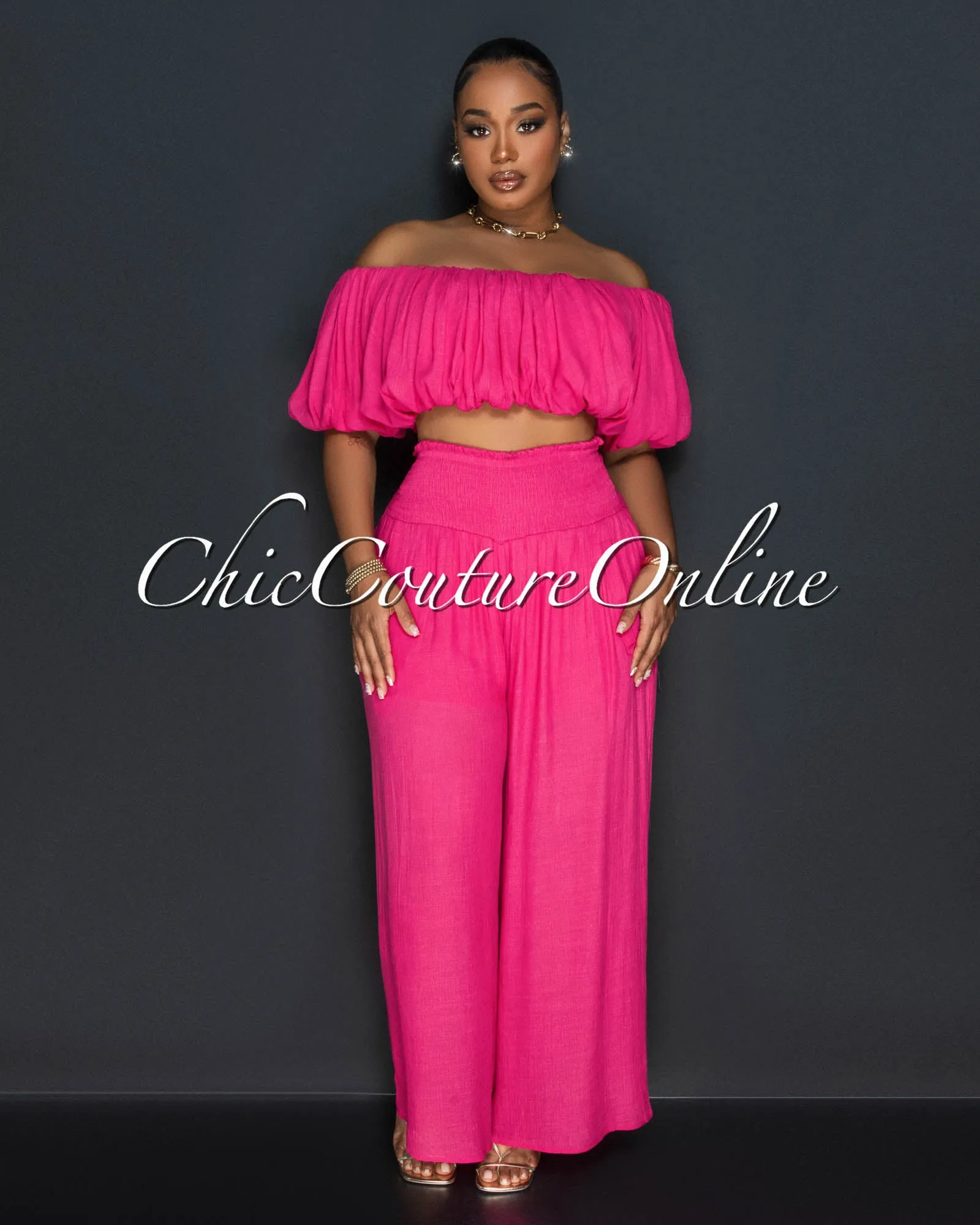 *Brett Fuchsia Ruched Crop Top & Wide Pants Set sold by Chic Couture product image thumbnail 2