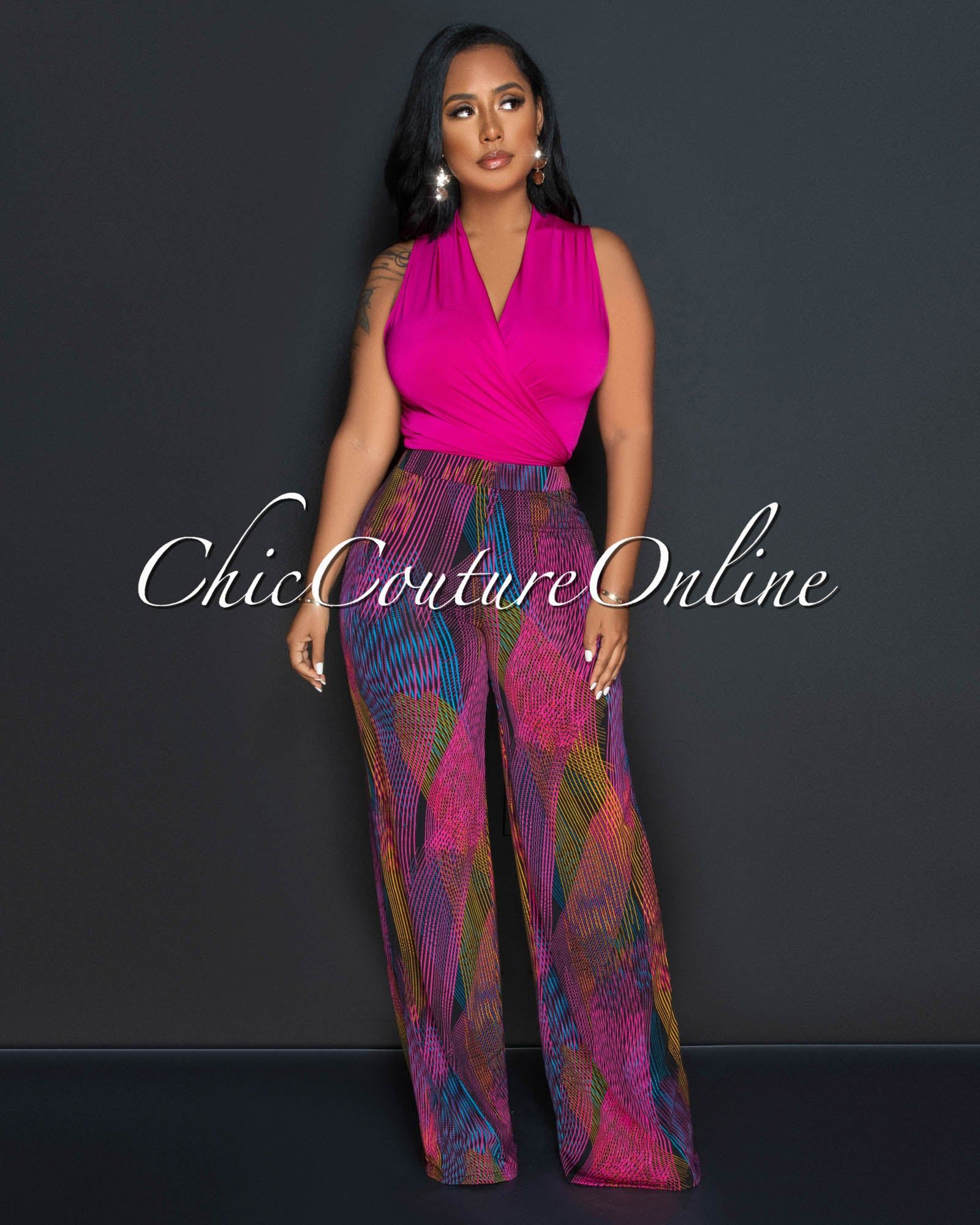 Lynette Fuchsia Front Tie Crop Top & Print Wide Pants Set sold by Chic Couture