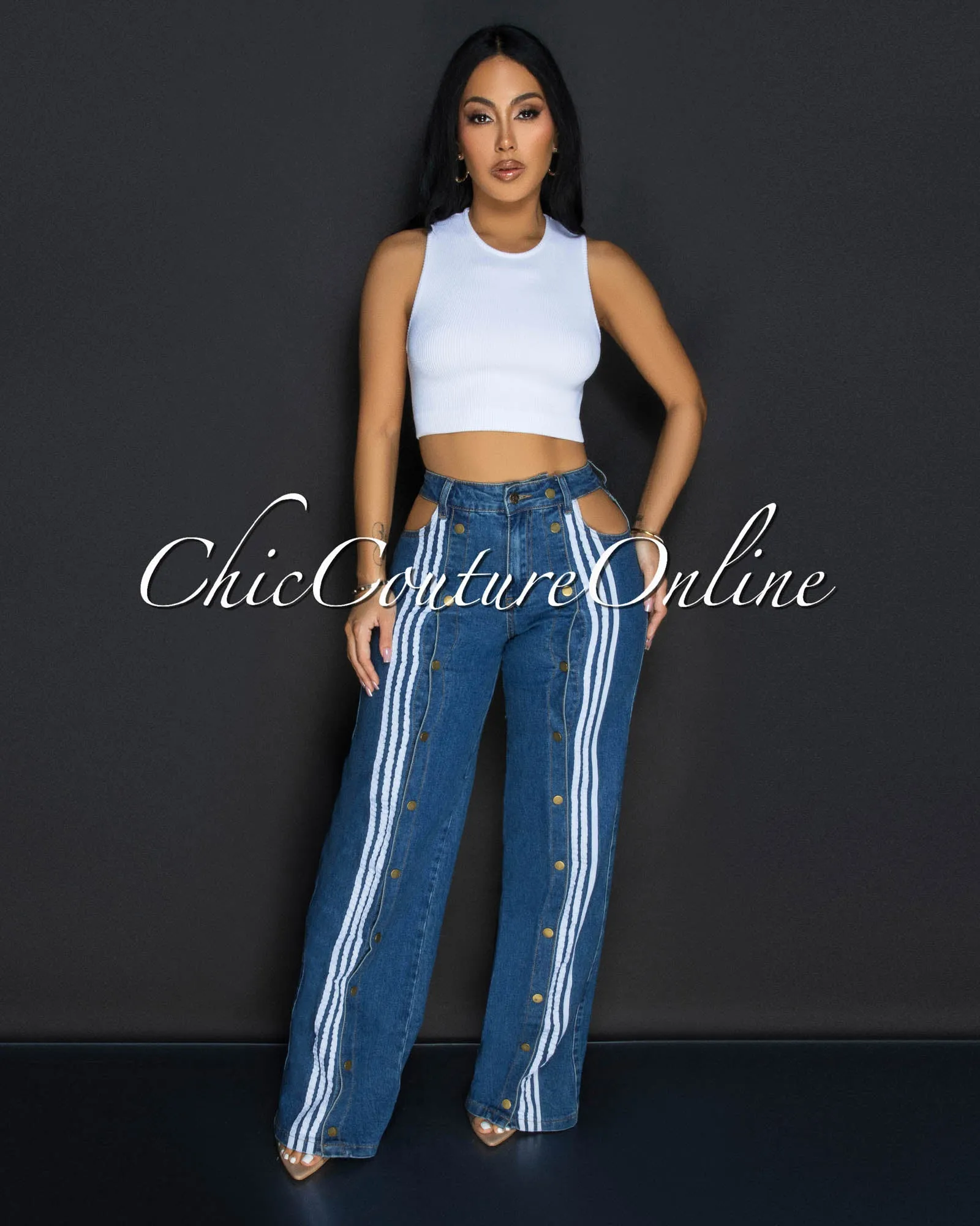 Sobe Denim Blue Open Button Front Jeans sold by Chic Couture