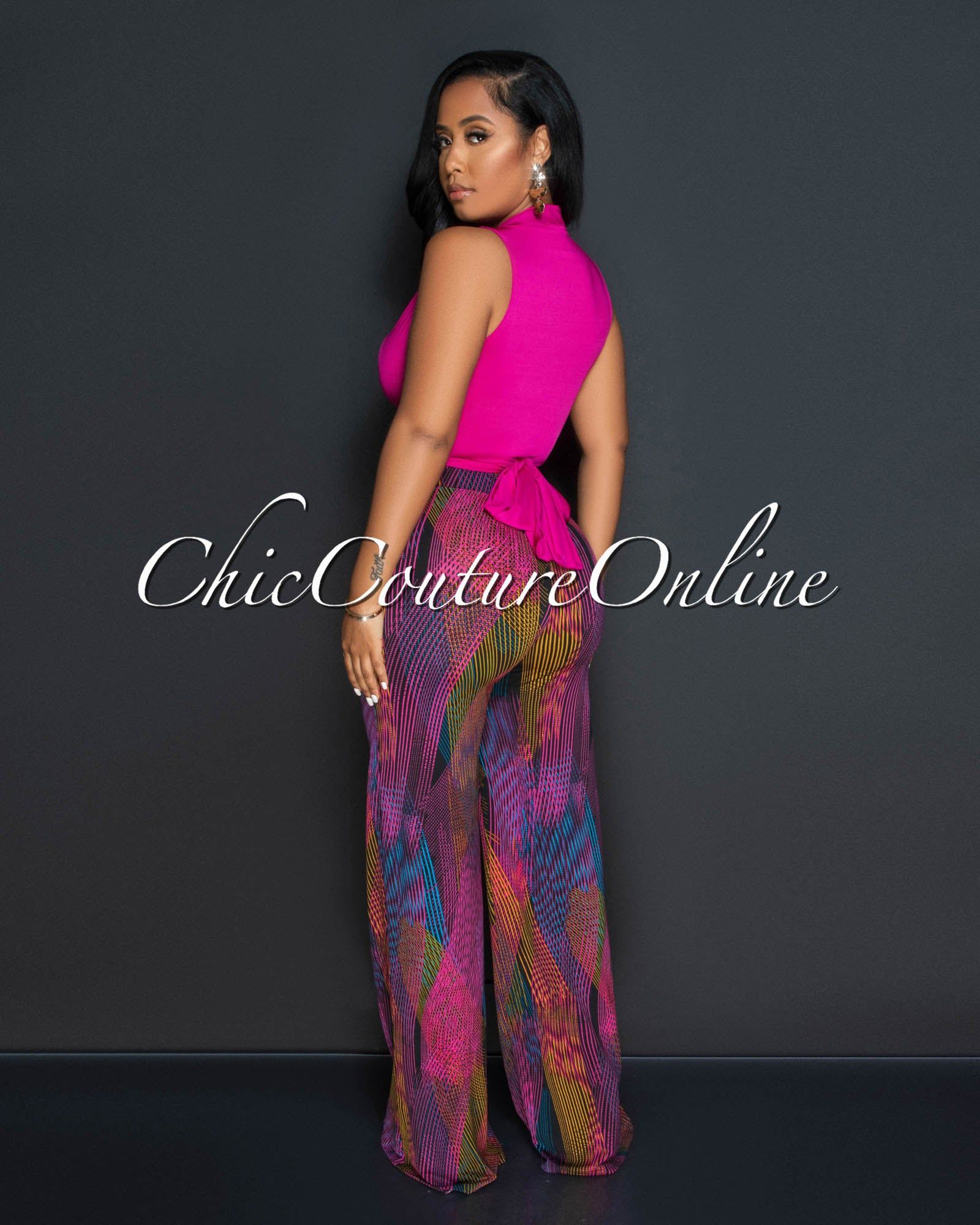 Lynette Fuchsia Front Tie Crop Top & Print Wide Pants Set sold by Chic Couture product image thumbnail 3