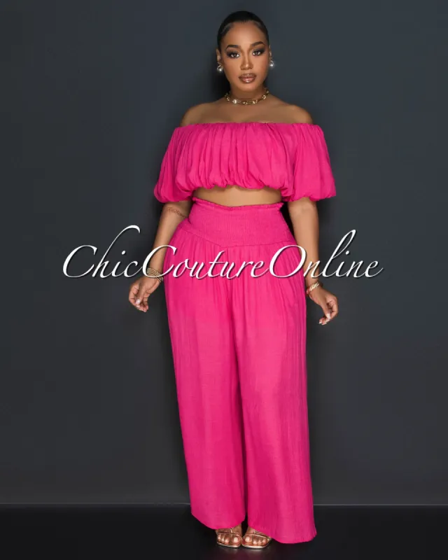 *Brett Fuchsia Ruched Crop Top & Wide Pants Set sold by Chic Couture
