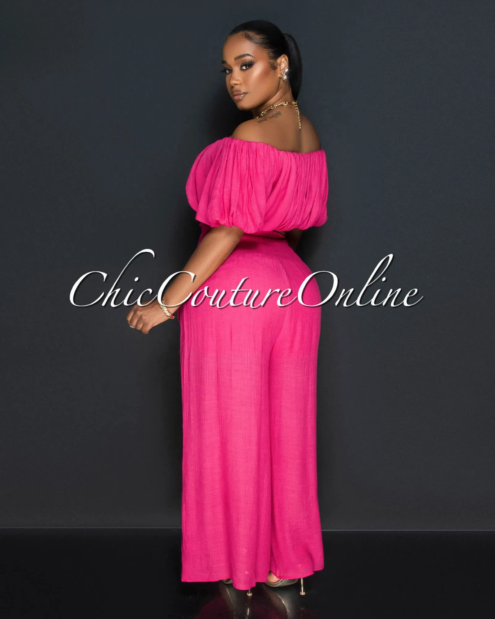 *Brett Fuchsia Ruched Crop Top & Wide Pants Set sold by Chic Couture product image thumbnail 3