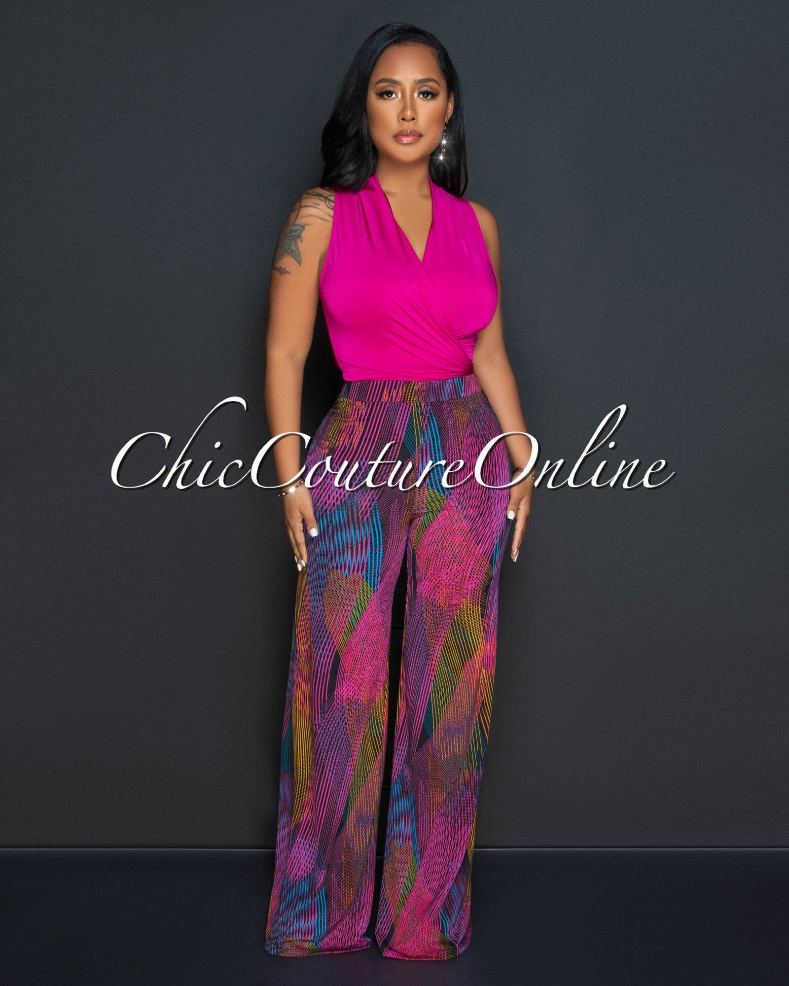 Lynette Fuchsia Front Tie Crop Top & Print Wide Pants Set sold by Chic Couture product image thumbnail 2