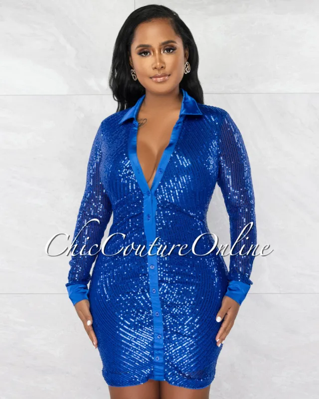 *Haniel Royal Blue Sequins Draped Buttons Shirt Dress sold by Chic Couture