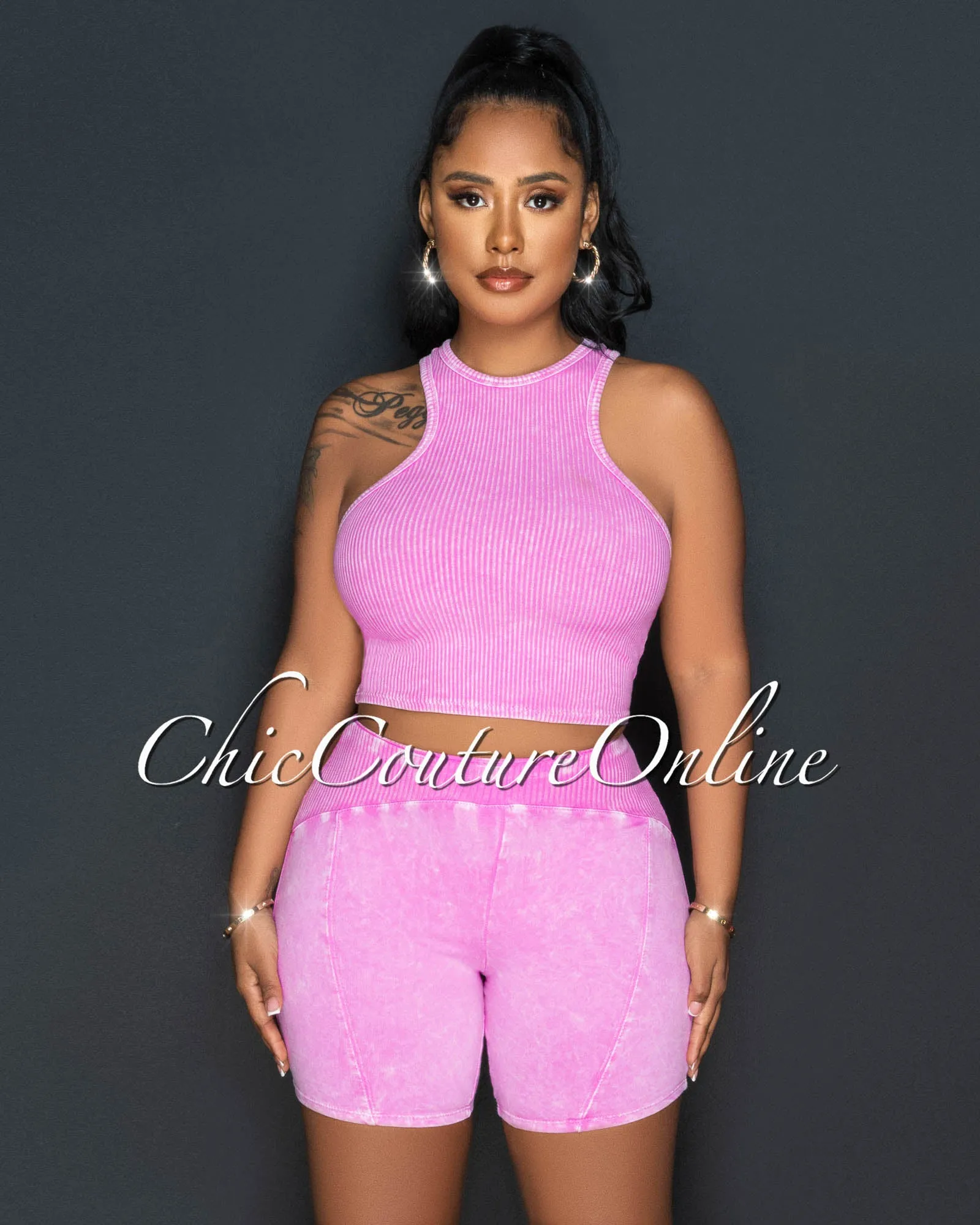 Ryanna Pink Ribbed Crop Top & Shorts Set sold by Chic Couture product image thumbnail 4