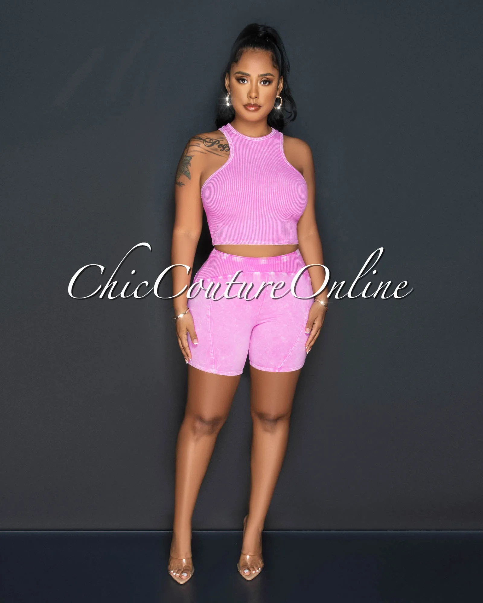 Ryanna Pink Ribbed Crop Top & Shorts Set sold by Chic Couture product image thumbnail 2