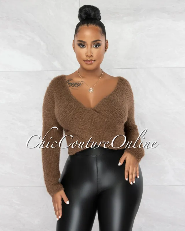 *Creda Mocha Faux Fur Knit Wrap Crop Top sold by Chic Couture