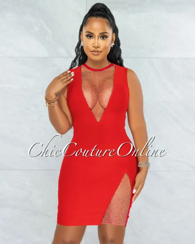 *Rivir Red Rhinestones Net Details Bandage Dress sold by chic
