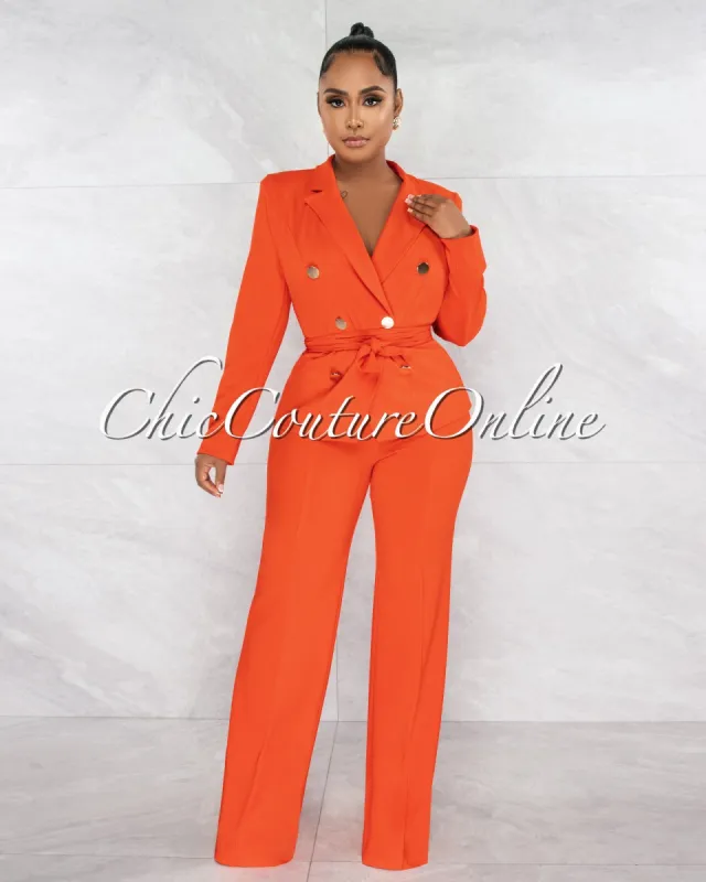 Angus Orange Self-Tie Blazer & Wide Pants Set sold by Chic Couture