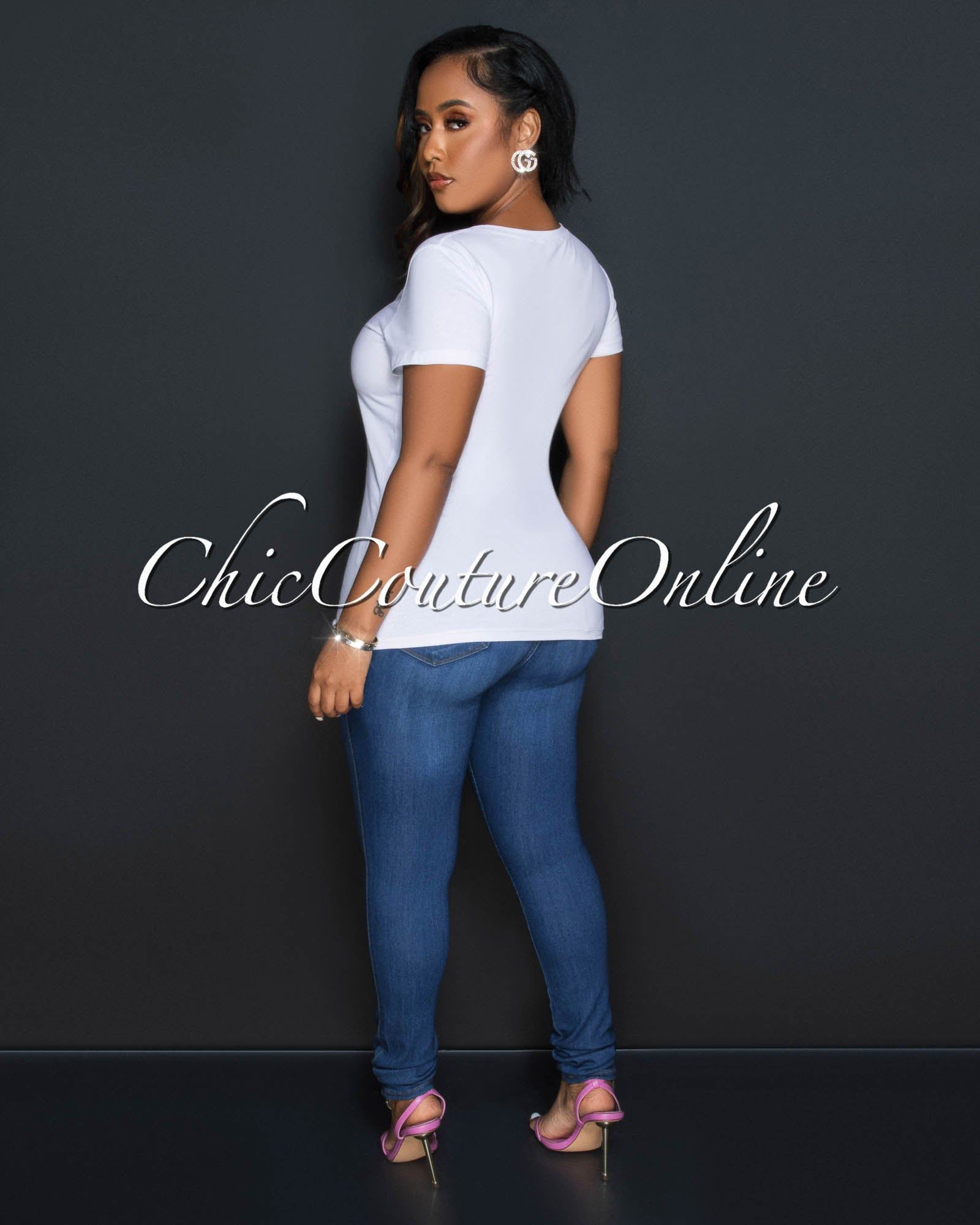 Adriana White Pink Rhinestones Barbie Graphic T-Shirt sold by Chic Couture product image thumbnail 4