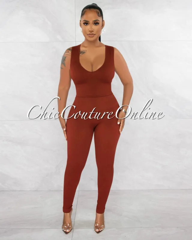 Leonette Brown Ribbed SCULPTING Crop Top & Leggings Set sold by Chic Couture
