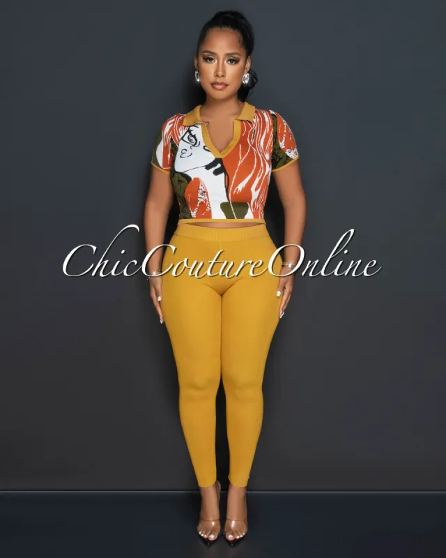 *Rony Mustard Multi-Color Print Crop Top & Leggings Knit Set sold by Chic Couture