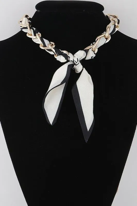 Franny White Ribbon Laced Chain Necklace sold by Chic Couture