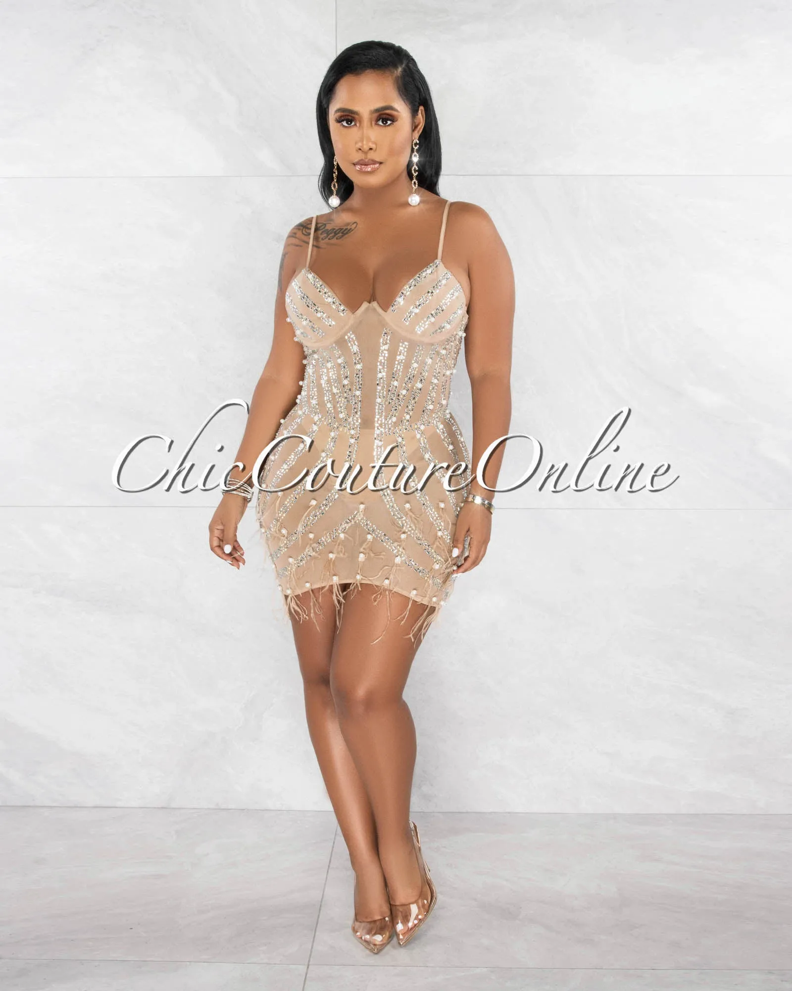 *Capital Nude Rhinestones Pearls & Feathers Mesh Sheer Mini Dress sold by Chic Couture product image thumbnail 2