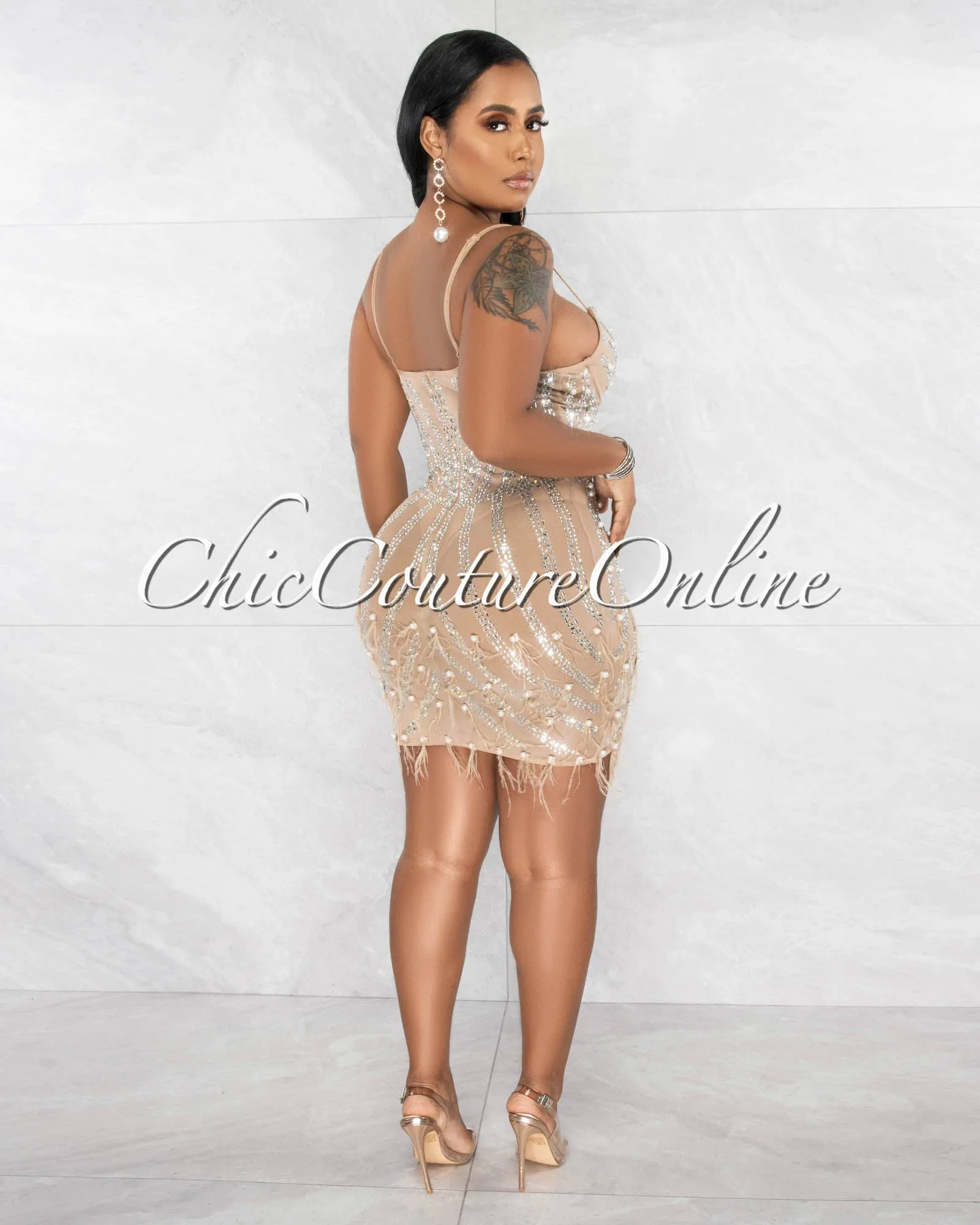 *Capital Nude Rhinestones Pearls & Feathers Mesh Sheer Mini Dress sold by Chic Couture product image thumbnail 4