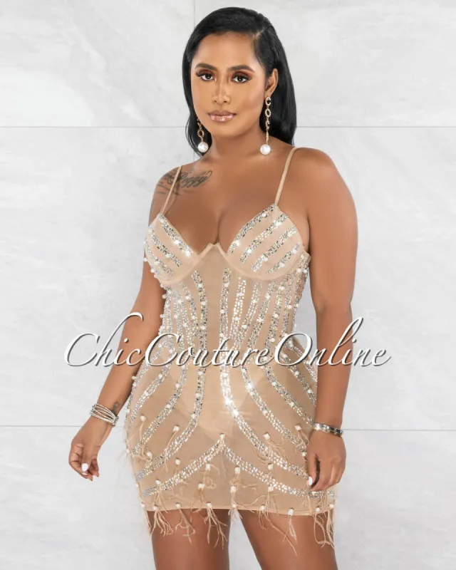 *Capital Nude Rhinestones Pearls & Feathers Mesh Sheer Mini Dress sold by Chic Couture