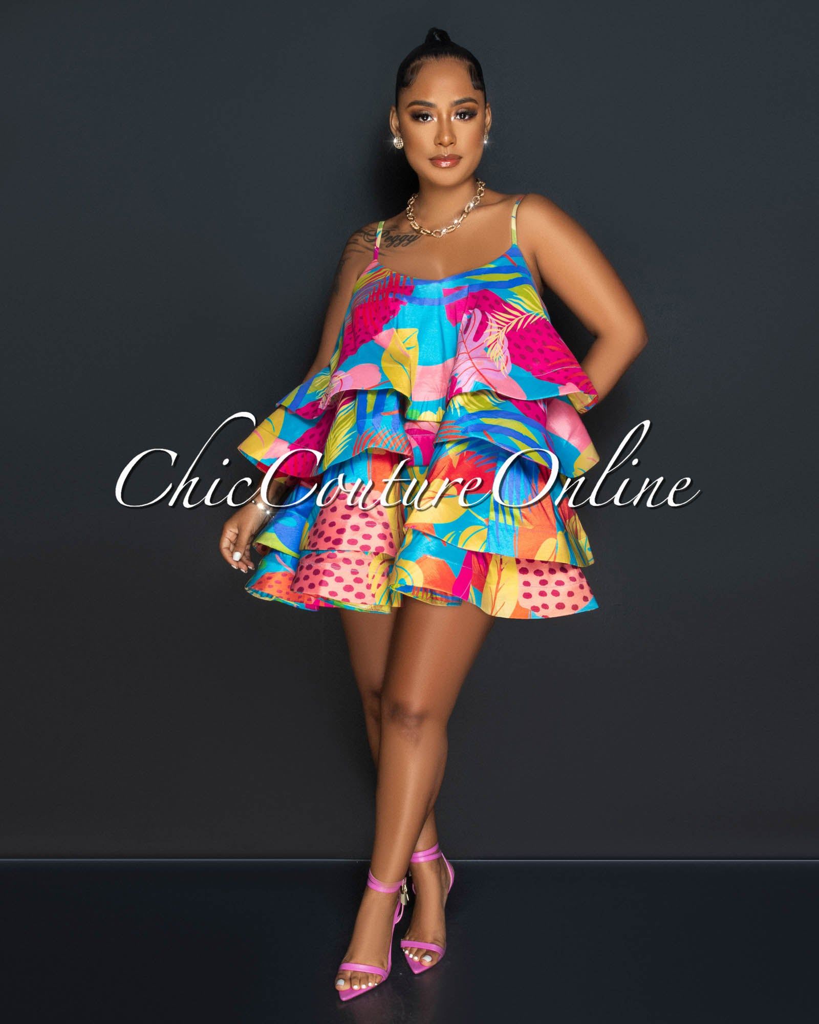 Jasmine Jade Multi-Color Print Silky Ruffle Ultra Mini Dress sold by Chic Couture