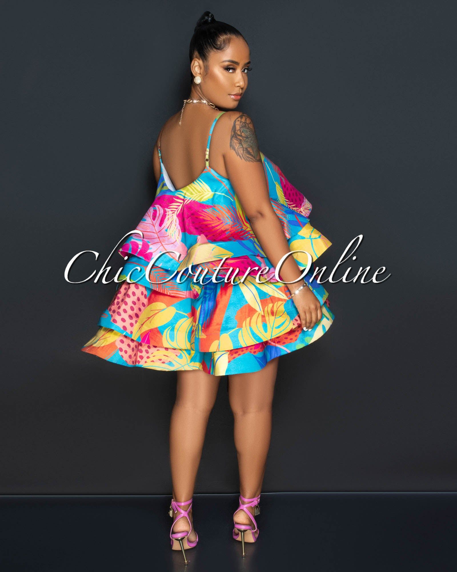 Jasmine Jade Multi-Color Print Silky Ruffle Ultra Mini Dress sold by Chic Couture product image thumbnail 3
