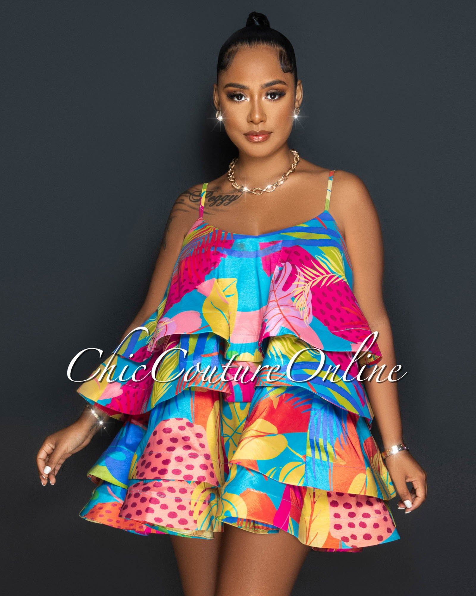 Jasmine Jade Multi-Color Print Silky Ruffle Ultra Mini Dress sold by Chic Couture product image thumbnail 4