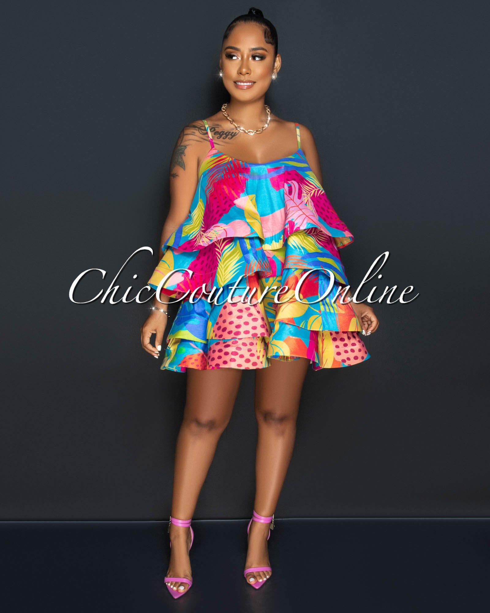 Jasmine Jade Multi-Color Print Silky Ruffle Ultra Mini Dress sold by Chic Couture product image thumbnail 2